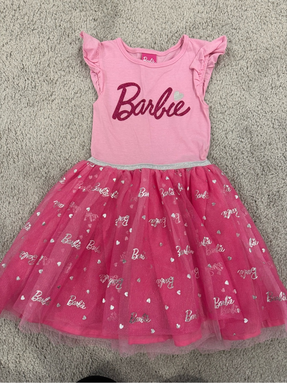 Girls Barbie Hot Pink Glitter Logo Tulle Dress Size 5
